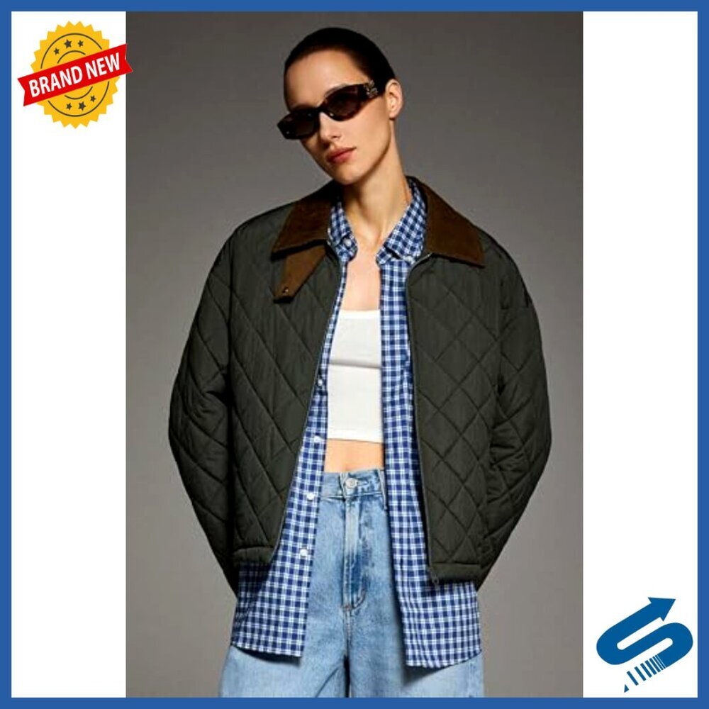 Quilted Lightweight Puffer Jacket Cropped Zip Up Coat with Pockets - Picture 6 of 7